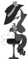 Size: 1190x2441 | Tagged: safe, artist:sonofaskywalker, imported from derpibooru, rarity, pony, unicorn, season 9, sparkle's seven, detective rarity, female, grayscale, hat, monochrome, simple background, sitting, transparent background, vector