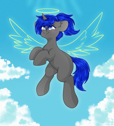 Size: 2000x2200 | Tagged: safe, artist:etoz, imported from derpibooru, oc, oc only, oc:dream vezpyre, oc:dream², pony, unicorn, angelic, cloud, eyebrows, eyebrows visible through hair, female, flying, halo, happy, high res, horn, in memoriam, looking up, mare, sky, smiling, solo, spread wings, unicorn oc, wingding eyes, wings