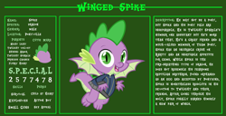 Size: 11720x6000 | Tagged: safe, artist:andoanimalia, artist:ponygamer2020, imported from derpibooru, spike, dragon, fallout equestria, bio, clothes, fallout, fallout equestria: character guide, jumpsuit, looking at you, male, open mouth, pipboy, reference sheet, s.p.e.c.i.a.l., solo, vault suit, vector, winged spike, wings