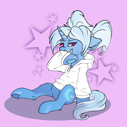 Size: 800x800 | Tagged: safe, alternate version, artist:allyclaw, edit, editor:edits of hate, imported from twibooru, trixie, pony, unicorn, alternate hairstyle, babysitter trixie, base, blushing, clothes, female, hoodie, image, looking at you, mare, png, purple background, simple background, solo, template