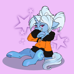 Size: 800x800 | Tagged: safe, alternate version, artist:allyclaw, edit, editor:edits of hate, imported from twibooru, trixie, pony, alternate hairstyle, babysitter trixie, blushing, clothes, female, hoodie, image, looking at you, mare, mouthpiece, png, purple background, simple background, super straight