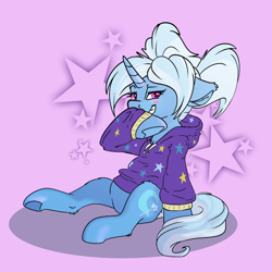 Size: 800x800 | Tagged: safe, alternate version, artist:allyclaw, edit, editor:edits of hate, imported from twibooru, trixie, pony, unicorn, alternate hairstyle, babysitter trixie, blushing, clothes, female, hoodie, image, looking at you, mare, png, purple background, simple background, solo