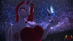 Size: 7680x4320 | Tagged: safe, artist:loveslove, imported from derpibooru, oc, oc only, oc:lovers, anthro, fairy, plantigrade anthro, unicorn, 3d, absurd file size, absurd resolution, bat ears, bat wings, breasts, clothes, dress, fairy wings, female, females only, flower, horn, jewelry, looking at each other, necklace, night, night sky, outdoors, rose, size difference, sky, source filmmaker, stars, tattoo, unicorn oc, wings
