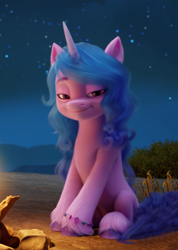 Size: 1148x1608 | Tagged: safe, imported from derpibooru, screencap, izzy moonbow, pony, unicorn, spoiler:my little pony: a new generation, cropped, female, g5, lidded eyes, mare, my little pony: a new generation, night, sitting, smiling