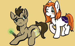 Size: 640x400 | Tagged: safe, artist:boredtabletfilly, imported from derpibooru, doctor whooves, time turner, earth pony, pony, amy pond, doctor who, duo, female, freckles, male, mare, orange background, ponified, raised hoof, simple background, sonic screwdriver, stallion