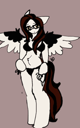 Size: 400x640 | Tagged: safe, artist:boredtabletfilly, imported from derpibooru, oc, oc only, anthro, pegasus, unguligrade anthro, anthro oc, arm hooves, bikini, black bikini, black swimsuit, breasts, brown background, clothes, colored wings, female, glasses, hooves on hips, pegasus oc, simple background, solo, spread wings, swimsuit, two toned wings, wings