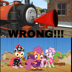 Size: 3464x3464 | Tagged: safe, imported from derpibooru, apple bloom, scootaloo, sweetie belle, earth pony, pegasus, unicorn, the show stoppers, angry, megaphone, meme, shocked, skarloey, sodor shorts, the stories of sodor, thomas and friends, thomas the tank engine