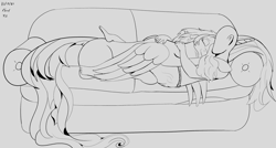 Size: 3000x1605 | Tagged: safe, artist:enonnnymous, princess celestia, oc, oc:anon, alicorn, pony, /sun/, couch, cuddling, dock, eyes closed, hug, lying down, monochrome, smiling, wip