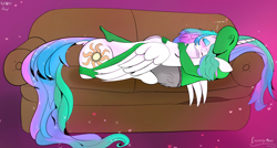 Size: 3000x1605 | Tagged: safe, artist:enonnnymous, princess celestia, oc, oc:anon, alicorn, pony, /sun/, couch, cuddling, dock, eyes closed, hug, lying down, smiling