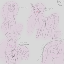 Size: 3000x3000 | Tagged: safe, artist:enonnnymous, princess celestia, alicorn, pony, /sun/, blushing, butt, dock, drawpile, eyes closed, looking back, monochrome, plot, simple background, sitting, sketch, smiling