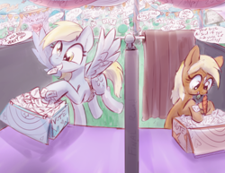 Size: 1280x988 | Tagged: safe, artist:tiffortat, derpy hooves, oc, oc:anon, earth pony, pegasus, pony, /mlp/, carrot, crowd, dialogue, food, miss /mlp/, miss /mlp/ 2021, smiling, spread wings, verity, voting, voting booth, wings