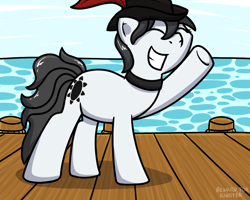 Size: 1000x800 | Tagged: safe, artist:pokefound, imported from ponybooru, oc, oc only, oc:auriga, pony, eyes closed, female, hat, ocean, raised hoof, raised leg, smiling, solo