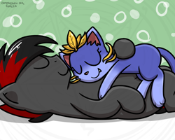 Size: 1000x800 | Tagged: safe, artist:pokefound, imported from ponybooru, oc, oc:varan, cat, earth pony, pony, cuddling, female, hug, league of legends, male, sleeping, yuumi