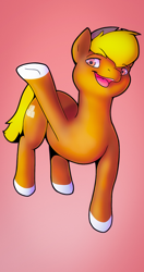 Size: 1080x2048 | Tagged: safe, artist:barnnest, imported from ponybooru, oc, oc only, oc:acres, earth pony, pony, blonde, blonde mane, blonde tail, brown coat, coat markings, cute, earth pony oc, gradient background, looking at you, male, open mouth, smiling, socks (coat marking), solo, stallion, waving