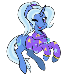 Size: 580x680 | Tagged: safe, alternate version, artist:viktiipunk, edit, editor:unofficial edits thread, imported from ponybooru, trixie, pony, unicorn, alternate hairstyle, babysitter trixie, clothes, female, hoodie, looking at you, mare, one eye closed, open mouth, open smile, simple background, smiling, smiling at you, transparent background, wink, winking at you