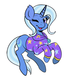 Size: 580x680 | Tagged: safe, alternate version, artist:viktiipunk, edit, editor:unofficial edits thread, imported from ponybooru, trixie, pony, unicorn, alternate hairstyle, babysitter trixie, clothes, female, hoodie, looking at you, mare, one eye closed, open mouth, open smile, simple background, smiling, smiling at you, transparent background, wink, winking at you