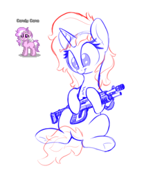 Size: 800x962 | Tagged: safe, artist:php111, imported from ponybooru, oc, oc only, oc:candy cane, pony, unicorn, cute, female, gun, mare, ocbetes, pink coat, pink eyes, shotgun, simple background, sketch, solo, spas-12, two toned mane, two toned tail, weapon, white background