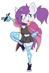 Size: 1114x1658 | Tagged: safe, artist:200cups, imported from derpibooru, oc, oc:indigo wire, anthro, unguligrade anthro, unicorn, anthro oc, clothes, evening gloves, gloves, long gloves, looking at you, magic wand, midriff, simple background, skirt, smiling, socks, stockings, tanktop, thigh highs, transparent background