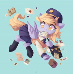 Size: 4056x4096 | Tagged: safe, artist:saxopi, imported from derpibooru, derpy hooves, pegasus, pony, absurd resolution, blue background, clothes, colored pupils, cute, derpabetes, envelope, female, hat, letter, mailmare, mailmare hat, mare, mouth hold, necktie, package, satchel, simple background, skirt, socks, solo, stamp, sweater vest