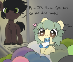 Size: 1291x1096 | Tagged: safe, artist:mushy, imported from derpibooru, oc, oc only, oc:pea, pony, blushing, dirty laundry, duo, female, heart, nom