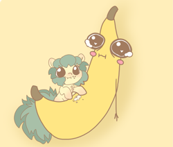 Size: 1291x1096 | Tagged: safe, artist:mushy, imported from derpibooru, oc, oc only, oc:pea, pony, banana, chibi, eating, food, herbivore, nom, simple background, yellow background