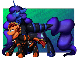 Size: 3509x2650 | Tagged: safe, artist:pridark, imported from derpibooru, nightmare moon, oc, oc:fireheart(fire), alicorn, bat pony, hybrid, pegasus, pony, bat pony oc, bound wings, commission, cutie mark, duo, ethereal mane, fireheart76's latex suit design, high res, latex, latex suit, pegabat, prisoners of the moon, starry mane, tail, tail wrap, wings