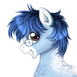 Size: 1200x1200 | Tagged: safe, artist:puggie, imported from derpibooru, oc, oc only, oc:soaring spirit, pegasus, pony, blaze (coat marking), chest fluff, coat markings, facial markings, glasses, looking at you, male, simple background, smiling, smiling at you, solo, stallion