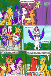 Size: 640x960 | Tagged: safe, artist:hitchpippetals, imported from derpibooru, hitch trailblazer, izzy moonbow, pipp petals, sprout cloverleaf, sunny starscout, zipp storm, alicorn, earth pony, pegasus, pony, unicorn, comic:bridlewood library, artificial horn, artificial wings, augmented, comic, female, g5, horn, magic, magic horn, magic wings, male, mane five (g5), mare, my little pony: a new generation, new mane six (g5), race swap, stallion, sunnycorn, wings