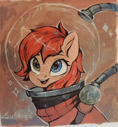 Size: 1006x1080 | Tagged: safe, artist:sofiko-ko, imported from derpibooru, oc, oc only, oc:rusty gears, pony, cute, freckles, heterochromia, looking at you, ocbetes, open mouth, smiling, smiling at you, solo, spacesuit, sparkles, traditional art