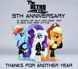 Size: 3250x2905 | Tagged: safe, artist:theretroart88, imported from derpibooru, applejack, rainbow dash, rarity, earth pony, pegasus, pony, unicorn, abstract background, anniversary, anniversary art, applejack's hat, clothes, colored pupils, cowboy hat, eyeshadow, female, floppy ears, folded wings, full body, grin, hat, high res, hoof on chin, horn, jacket, leather jacket, lidded eyes, looking at you, makeup, mare, one ear down, raised eyebrow, raised hoof, raised leg, smiling, smiling at you, standing, standing on two hooves, tail, trio, trio female, wings