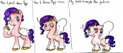 Size: 640x279 | Tagged: safe, artist:hitchpippetals, imported from derpibooru, pipp petals, pegasus, pony, exclamation point, g5, my little pony: a new generation, pipp is short, simple background, squatpony, traditional art, white background