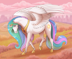 Size: 1280x1045 | Tagged: safe, artist:jenery, imported from derpibooru, princess celestia, alicorn, pony, cloud, female, field, grass, hoers, looking at you, mare, meadow, princess celestia is a horse, raised leg, sky, smiling, solo, sparkles, spread wings, walking, wings