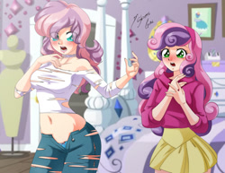 Size: 1280x989 | Tagged: safe, artist:shinta-girl, imported from derpibooru, sweetie belle, oc, oc:golden sheen, equestria girls, blushing, clothes, couple, human coloration, male to female, open mouth, ripping clothes, rule 63, transformation, transgender transformation