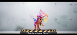 Size: 1600x738 | Tagged: safe, edit, edited screencap, imported from derpibooru, screencap, earth pony, pony, spoiler:my little pony: a new generation, english, english subtitles, fake alicorn, fake horn, fake wings, g5, my little pony: a new generation, picket sign, protest, solo, stage, subtitles, testing area