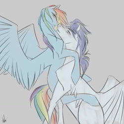 Size: 1280x1280 | Tagged: safe, artist:im-not-sure-yet, imported from derpibooru, rainbow dash, soarin', boop, embrace, female, hug, male, noseboop, shipping, soarindash, straight