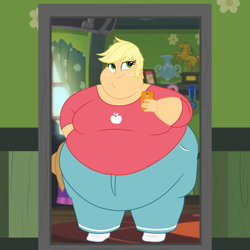 Size: 1440x1440 | Tagged: safe, artist:neongothic, imported from derpibooru, applejack, equestria girls, amplejack, applefat, bbw, belly, big belly, bingo wings, breasts, busty applejack, cellphone, chubby cheeks, cleavage, double chin, fat, fat boobs, fat fetish, female, fetish, morbidly obese, obese, phone, selfie, short hair, smartphone, smiling, solo, ssbbw, story included, thighs, thunder thighs, weight gain