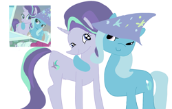 Size: 1881x1200 | Tagged: safe, artist:nitlynjane, imported from derpibooru, starlight glimmer, trixie, pony, unicorn, celestial advice, 1000 hours in ms paint, 2017, broken anatomy, clothes, cursed image, duo, female, hat, lesbian, looking at each other, looking at someone, old art, photo, scene interpretation, shipping, simple background, smiling, startrix, trixie's hat, white background, xd