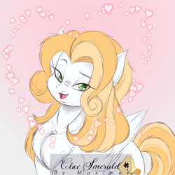 Size: 918x918 | Tagged: safe, artist:maximus, imported from derpibooru, oc, oc only, oc:cloe smerald, pegasus, pony, chest fluff, eye clipping through hair, eyebrows, eyebrows visible through hair, female, floating heart, folded wings, gradient background, heart, looking at you, mare, no pupils, open mouth, open smile, raised eyebrow, smiling, smiling at you, solo, wings