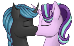 Size: 1094x677 | Tagged: safe, artist:stardustspix, imported from derpibooru, starlight glimmer, oc, oc:protectress lilac, changeling, pony, unicorn, equestria at war mod, canon x oc, duo, eyes closed, female, horn, kiss on the lips, kissing, lesbian, shipping, simple background, white background