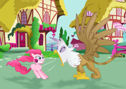 Size: 2913x2058 | Tagged: safe, artist:kehrminator, imported from derpibooru, gilda, pinkie pie, earth pony, griffon, pony, 2015, duo, female, high res, ponyville, roar