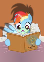 Size: 2058x2914 | Tagged: safe, artist:kehrminator, imported from derpibooru, rainbow dash, pegasus, pony, book, female, high res, reading, reading rainbow, the neverending story, this will not end well and/or at all