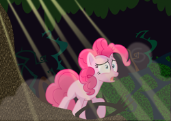 Size: 2913x2058 | Tagged: safe, artist:kehrminator, imported from derpibooru, pinkie pie, earth pony, pony, female, forest, high res, open mouth, raised hoof, scared, solo