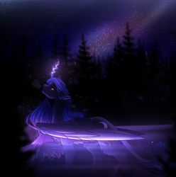 Size: 1489x1499 | Tagged: safe, artist:kat-the-true-kitkat, imported from derpibooru, princess luna, alicorn, pony, blue eyes, blue mane, crepuscular rays, feather, female, flowing mane, folded wings, galaxy, glowing, glowing horn, horn, leonine tail, looking up, magic, night, raised hoof, river, signature, silhouette, sky, solo, sparkles, stars, tail, tree, water, wings