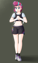 Size: 1200x2000 | Tagged: safe, artist:biocrine, imported from derpibooru, zipp storm, human, abs, bandage, clothes, cutie mark, cutie mark on clothes, g5, gym shorts, humanized, looking at you, midriff, mohawk, my little pony: a new generation, shoes, shorts, sidecut, sneakers, socks