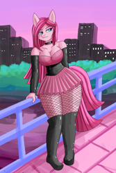 Size: 1800x2700 | Tagged: safe, artist:zachc, imported from derpibooru, pinkie pie, anthro, earth pony, big breasts, boots, breasts, clothes, dress, female, looking away, pinkamena diane pie, shoes, solo