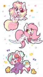 Size: 2309x4096 | Tagged: safe, artist:oofycolorful, imported from derpibooru, oc, oc only, oc:cottonsweets, oc:ninny, oc:sugar morning, pegasus, unicorn, bowtie, chibi, clothes, female, flying, looking at each other, looking at someone, microphone, simple background, sweater