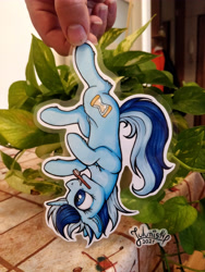 Size: 3456x4608 | Tagged: safe, artist:julunis14, imported from derpibooru, minuette, pony, unicorn, commission, crotchboobs, female, mare, mouth hold, nudity, paper pony, photo, solo, teats, toothbrush, traditional art, upside down
