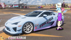 Size: 3840x2160 | Tagged: safe, artist:forzaveteranenigma, imported from derpibooru, trixie, human, fanfic:equestria motorsports, equestria girls, car, clothes, female, flats, forza horizon 5, frown, glowing hands, high res, human coloration, lexus, lexus lfa, livery, looking at you, magic, magic aura, magic wand, shoes, skirt, supercar, watermark