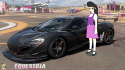 Size: 3840x2160 | Tagged: safe, artist:forzaveteranenigma, imported from derpibooru, octavia melody, fanfic:equestria motorsports, equestria girls, car, clothes, flats, forza horizon 5, frown, high res, human coloration, livery, mclaren, mclaren 650s, shoes, skirt, socks, supercar, watermark