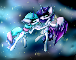 Size: 4000x3131 | Tagged: safe, artist:beamybutt, imported from derpibooru, alicorn, pony, unicorn, aurora borealis, commission, duo, ear fluff, ethereal mane, eyelashes, female, flying, mare, starry mane, ych result